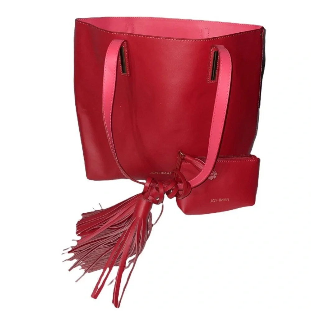 NEW Joy & Iman Red Tote Bag and Wristlet Vegan Leather Matte Classic